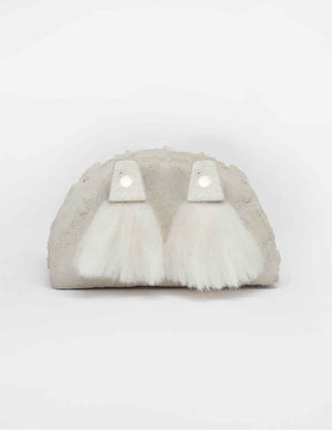 Yomo Studio cloudy pearl earrings in grey. Materials include: concrete, AAA pearl, and organic wool.