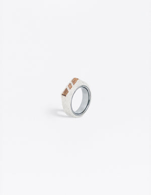 Yomo Studio 6mm three woods ring. Materials include: concrete, walnut wood, and tungsten ring.