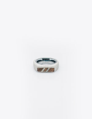Yomo Studio 6mm three woods ring. Materials include: concrete, walnut wood, and tungsten ring.