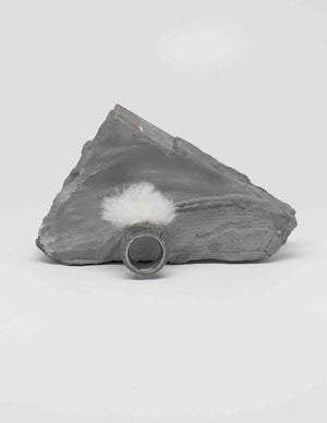 Yomo Studio cloudy ring in charcoal. Materials include: concrete, brass, and organic wool.